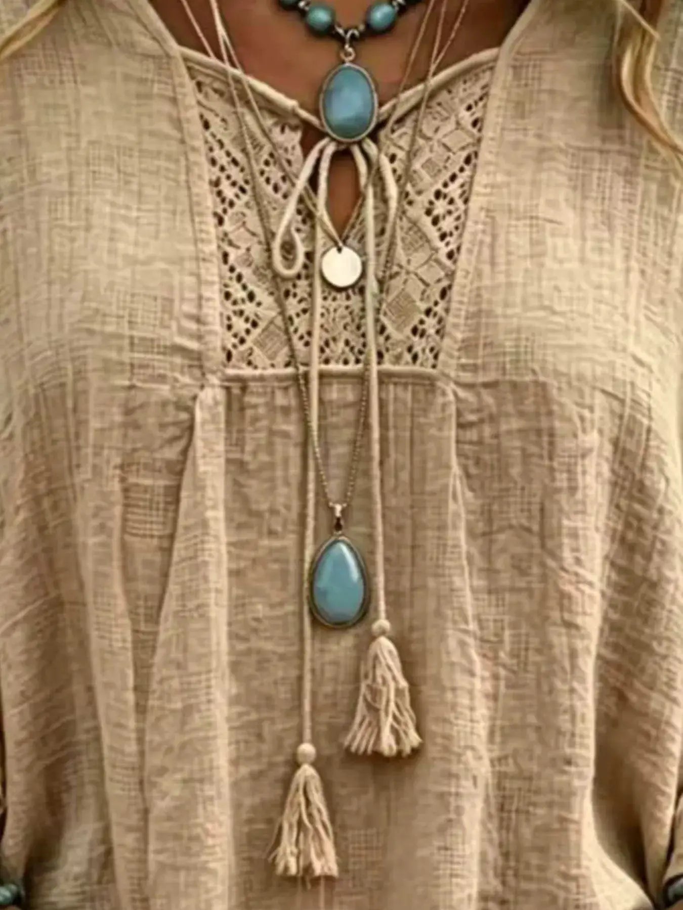 Full Size Tassel Tie Neck Ruffled Hem Blouse Plus Size - Bitsy Gypsy Boutique