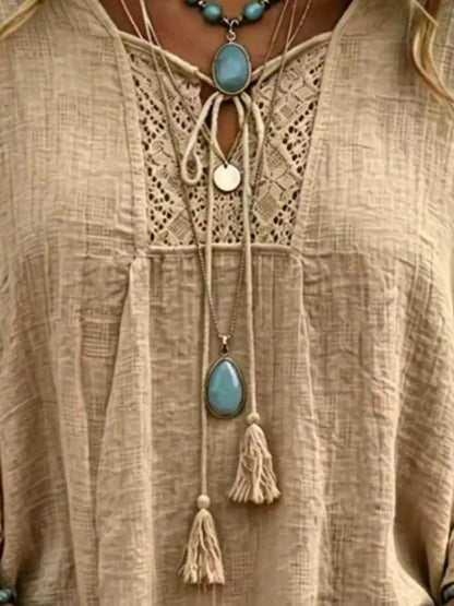 Full Size Tassel Tie Neck Ruffled Hem Blouse Plus Size - Bitsy Gypsy Boutique