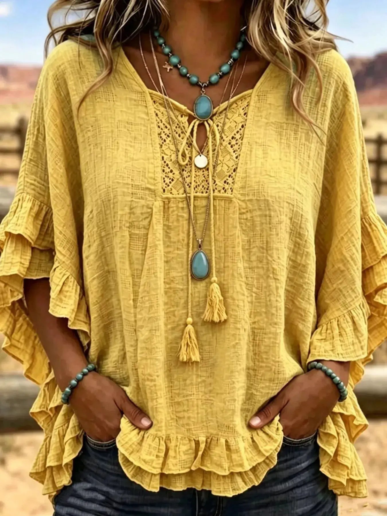 Full Size Tassel Tie Neck Ruffled Hem Blouse Plus Size - Bitsy Gypsy Boutique