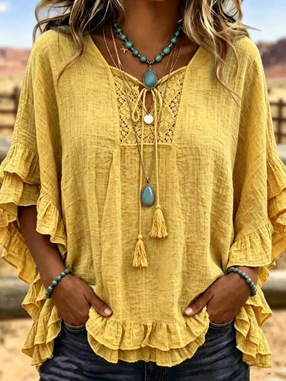 Full Size Tassel Tie Neck Ruffled Hem Blouse Plus Size - Bitsy Gypsy Boutique