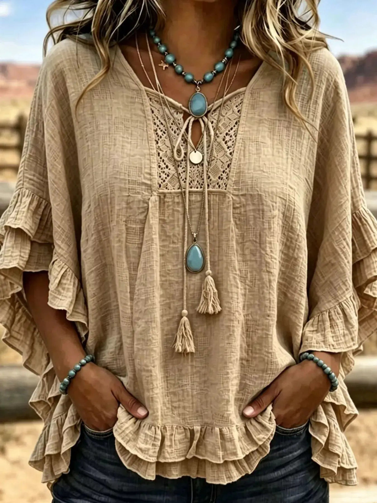 Full Size Tassel Tie Neck Ruffled Hem Blouse Plus Size - Bitsy Gypsy Boutique