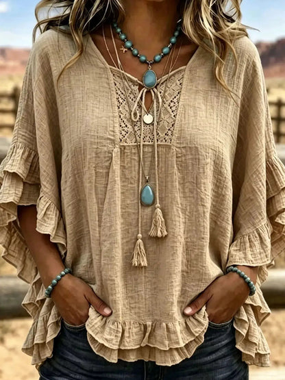 Full Size Tassel Tie Neck Ruffled Hem Blouse Plus Size - Bitsy Gypsy Boutique