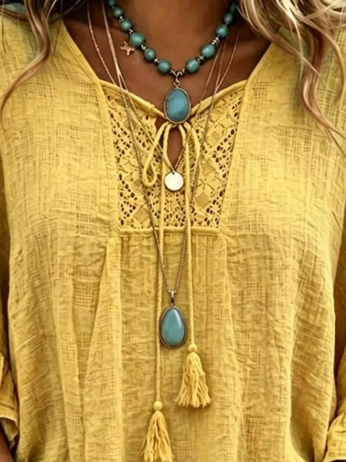 Full Size Tassel Tie Neck Ruffled Hem Blouse Plus Size - Bitsy Gypsy Boutique