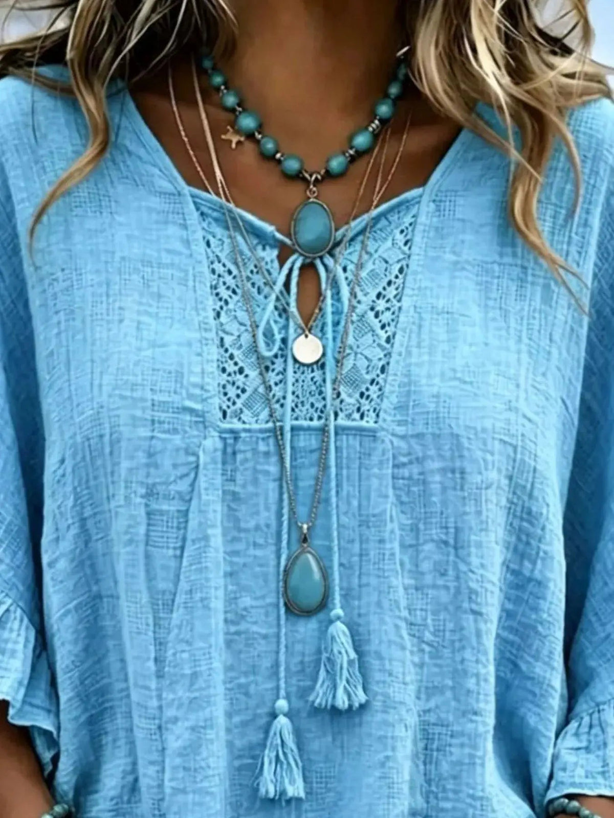 Full Size Tassel Tie Neck Ruffled Hem Blouse Plus Size - Bitsy Gypsy Boutique