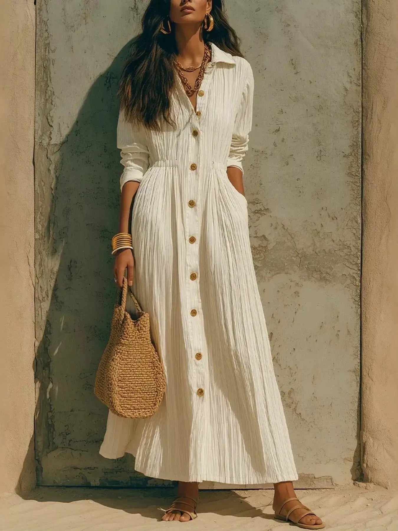 Textured Button Front Long Sleeve Maxi Dress by Trendsi
