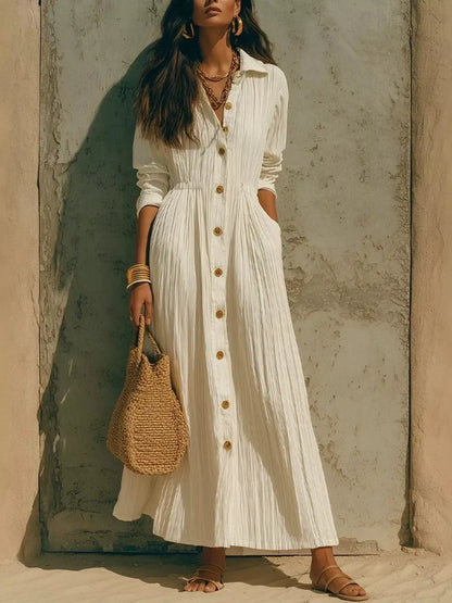 Textured Button Front Long Sleeve Maxi Dress by Trendsi