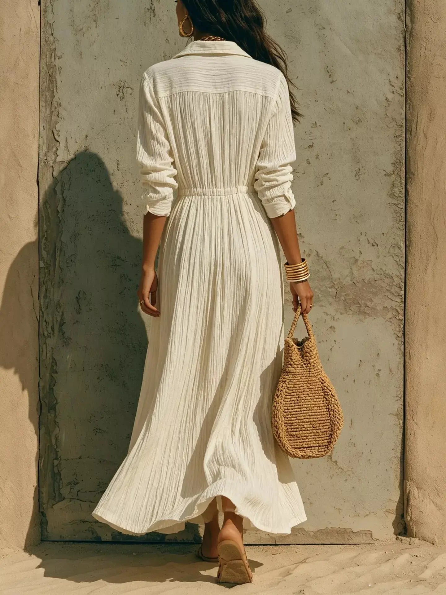 Textured Button Front Long Sleeve Maxi Dress by Trendsi