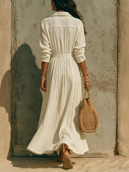 Textured Button Front Long Sleeve Maxi Dress by Trendsi