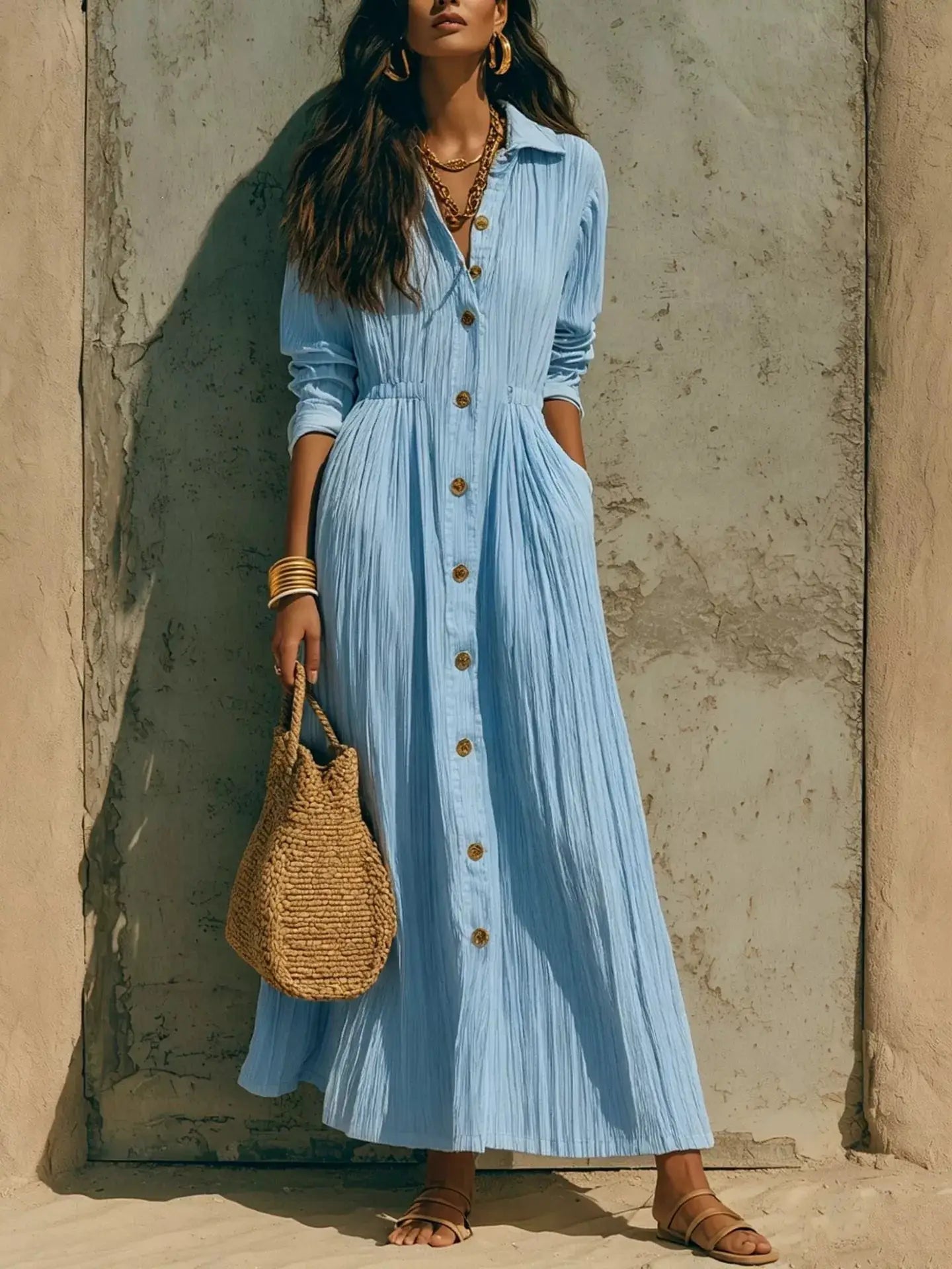 Textured Button Front Long Sleeve Maxi Dress by Trendsi