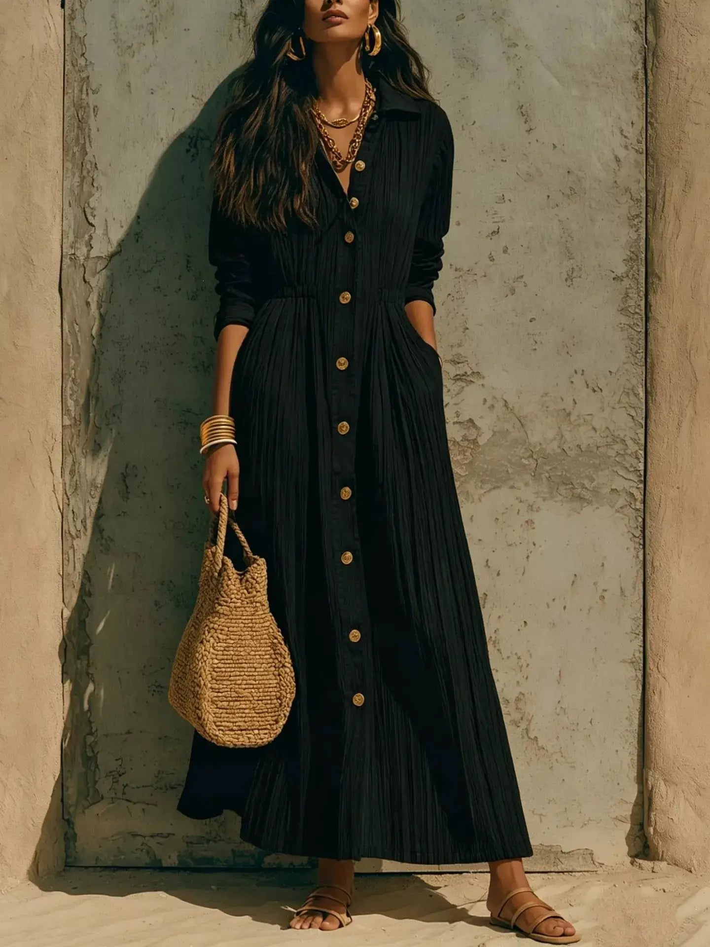 Textured Button Front Long Sleeve Maxi Dress by Trendsi