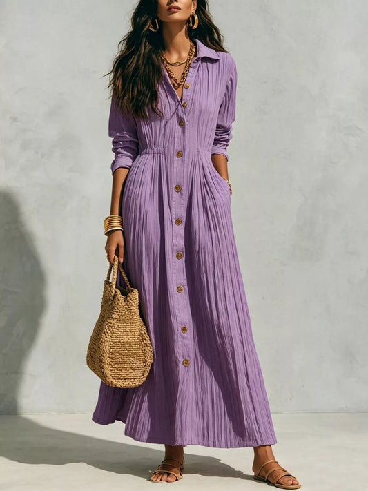 Full Size Textured Button Front Long Sleeve Maxi Dress Plus Size - Bitsy Gypsy Boutique