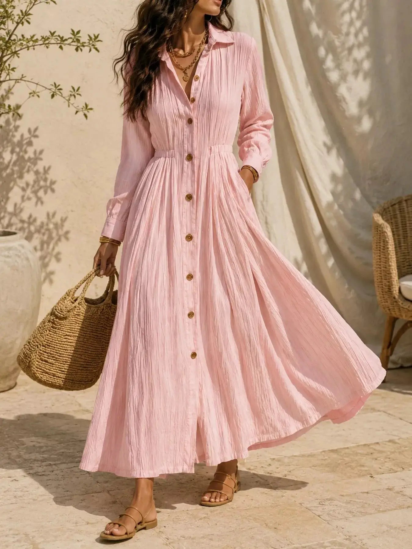 Textured Button Front Long Sleeve Maxi Dress by Trendsi