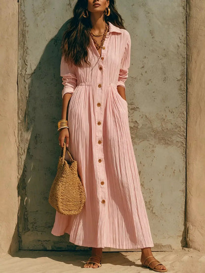 Textured Button Front Long Sleeve Maxi Dress by Trendsi