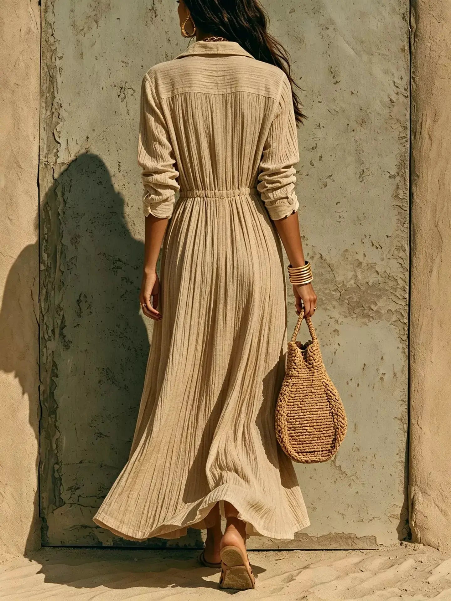 Textured Button Front Long Sleeve Maxi Dress by Trendsi