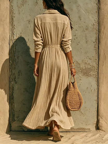 Textured Button Front Long Sleeve Maxi Dress by Trendsi
