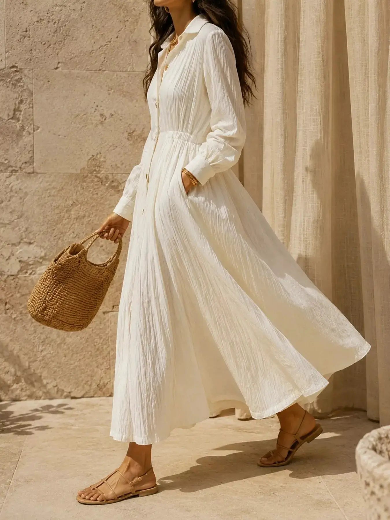 Textured Button Front Long Sleeve Maxi Dress by Trendsi