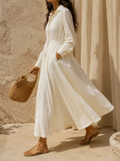 Textured Button Front Long Sleeve Maxi Dress by Trendsi