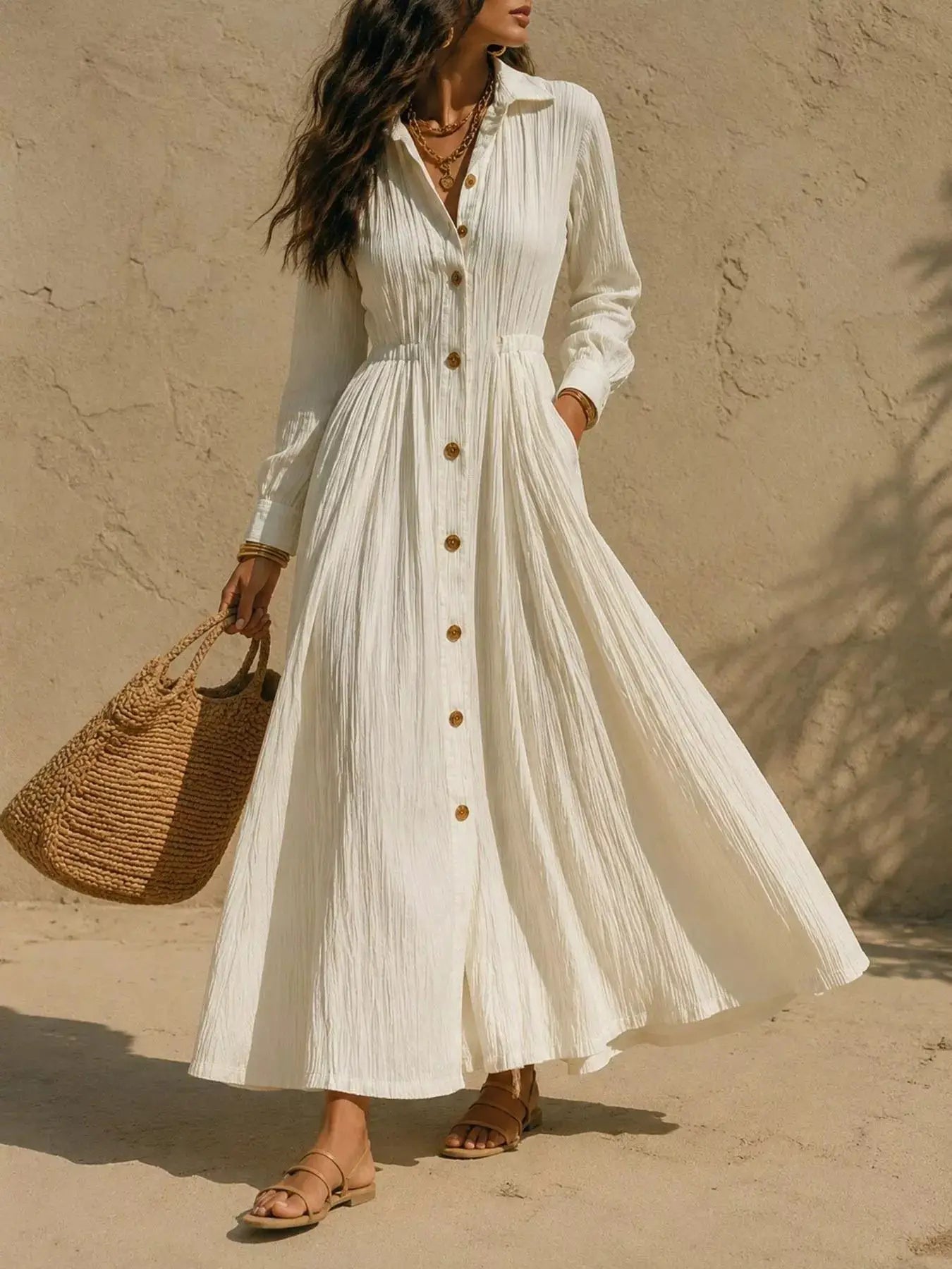 Textured Button Front Long Sleeve Maxi Dress by Trendsi