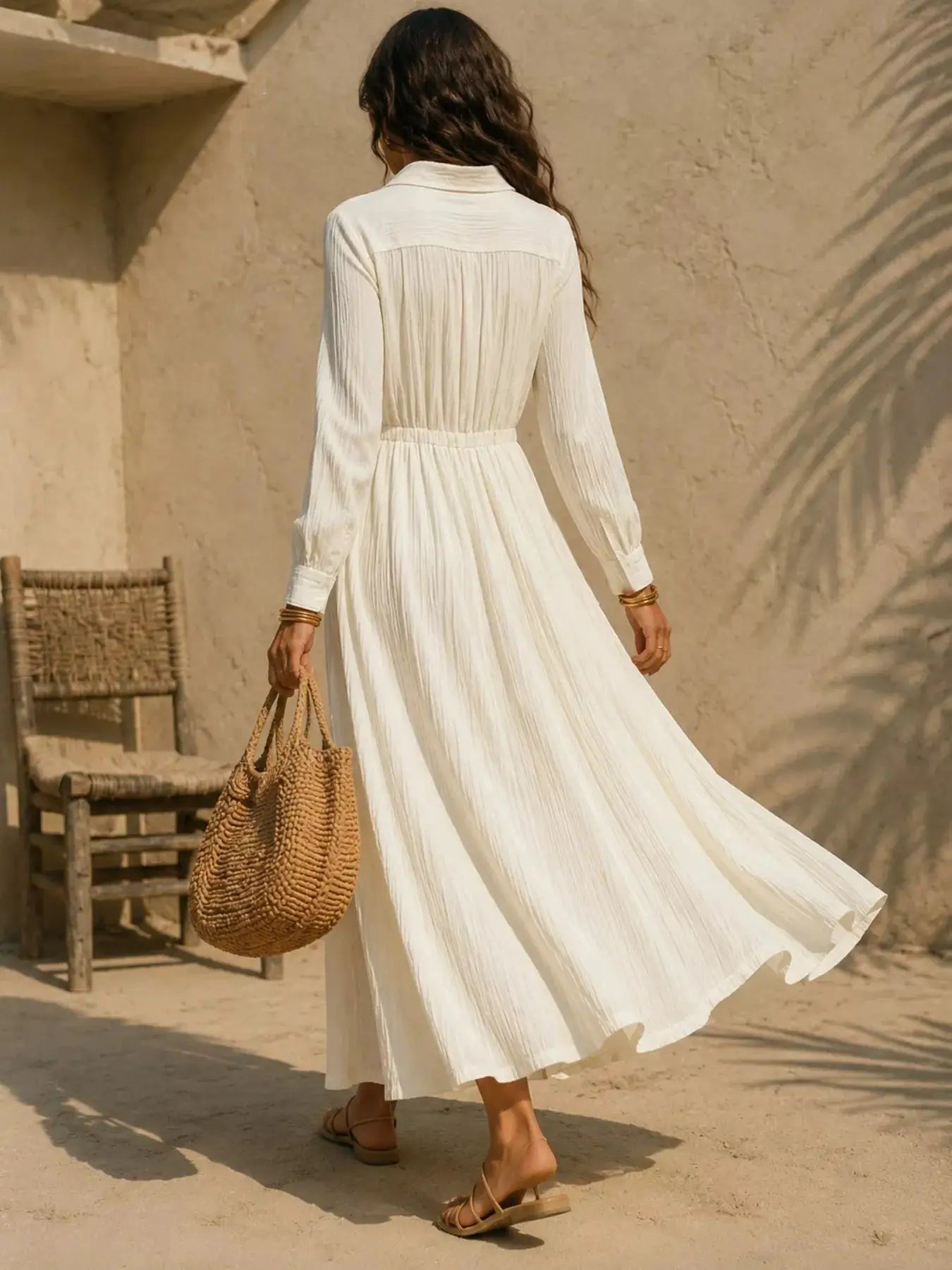 Textured Button Front Long Sleeve Maxi Dress by Trendsi