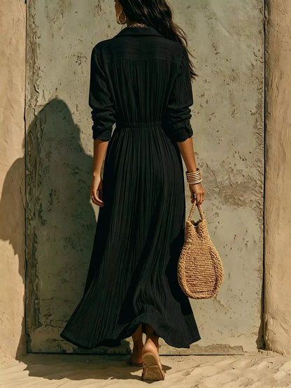Textured Button Front Long Sleeve Maxi Dress by Trendsi