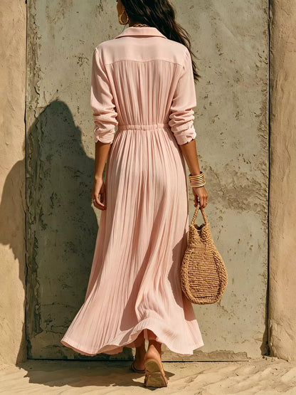 Textured Button Front Long Sleeve Maxi Dress by Trendsi