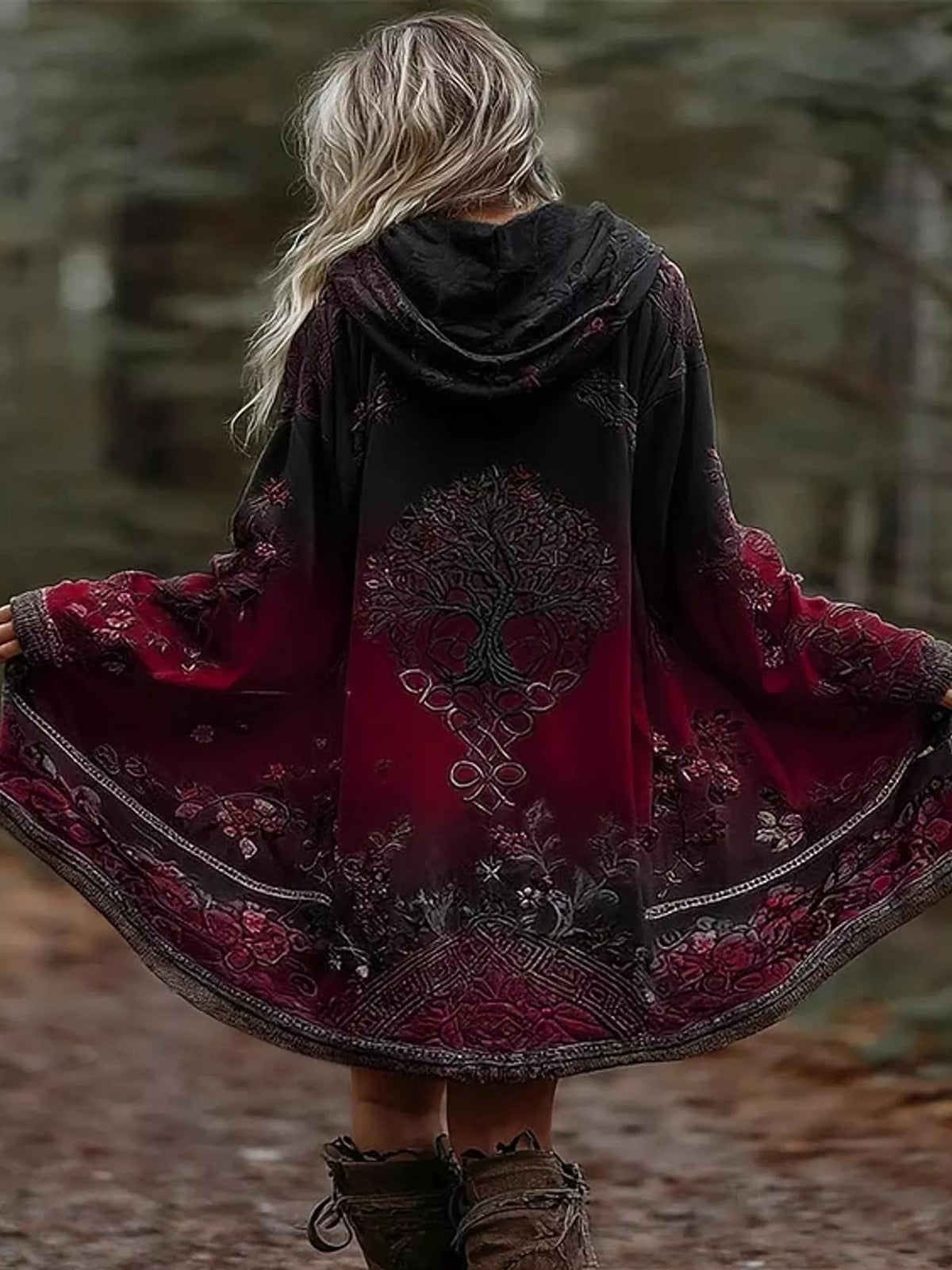 Full Size Tree Graphic Back Hooded Outerwear Plus Size - Bitsy Gypsy Boutique