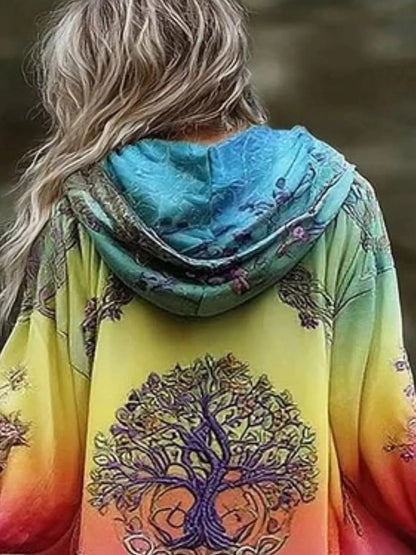 Full Size Tree Graphic Back Hooded Outerwear Plus Size - Bitsy Gypsy Boutique