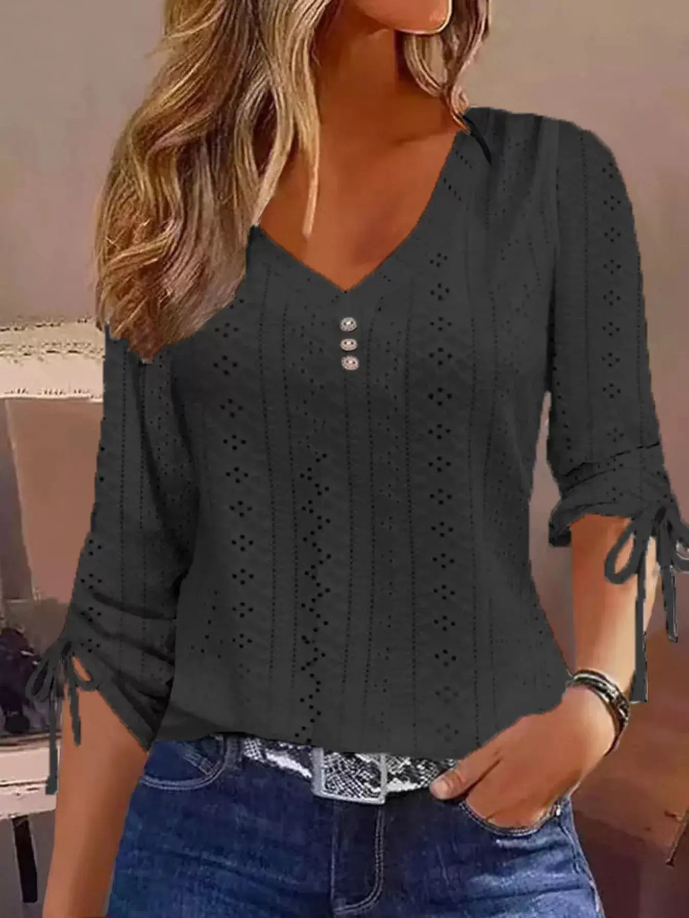 Full Size V-Neck Eyelet Drawstring Sleeve Top Plus Size by Trendsi