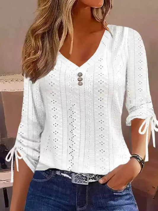 Full Size V-Neck Eyelet Drawstring Sleeve Top Plus Size - Bitsy Gypsy Boutique
