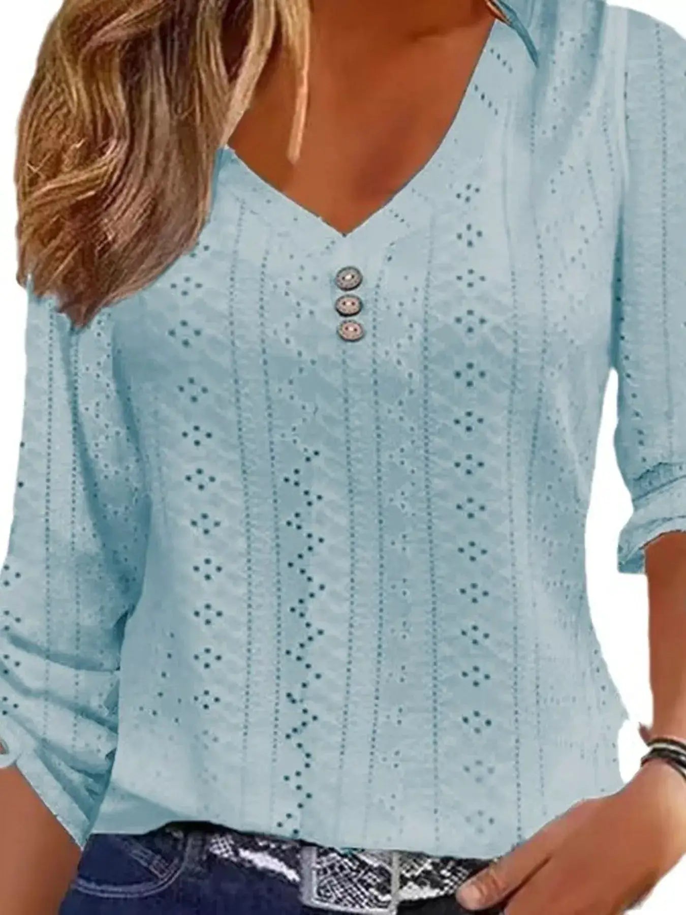 Full Size V-Neck Eyelet Drawstring Sleeve Top Plus Size by Trendsi