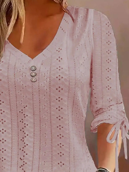 Full Size V-Neck Eyelet Drawstring Sleeve Top Plus Size by Trendsi
