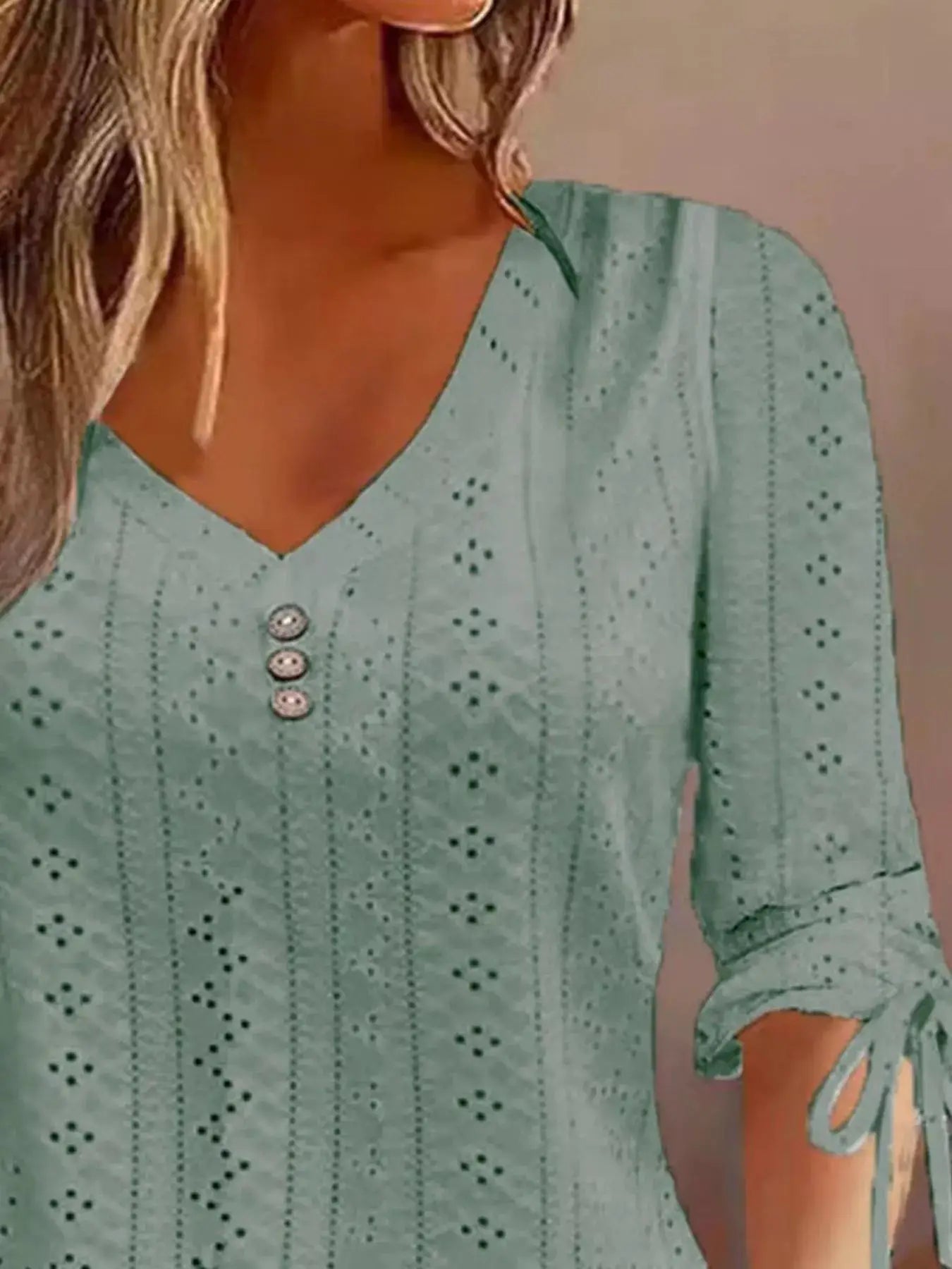 Full Size V-Neck Eyelet Drawstring Sleeve Top Plus Size by Trendsi