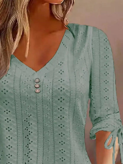 Full Size V-Neck Eyelet Drawstring Sleeve Top Plus Size by Trendsi