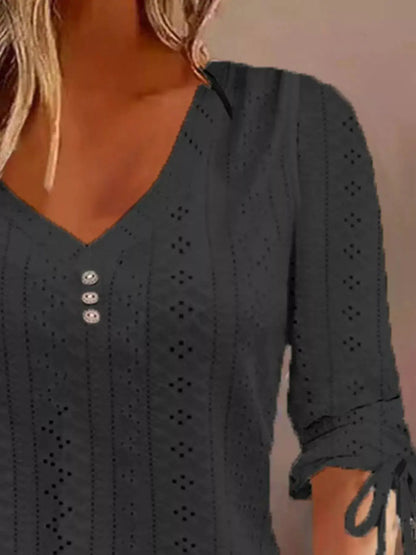 Full Size V-Neck Eyelet Drawstring Sleeve Top Plus Size by Trendsi