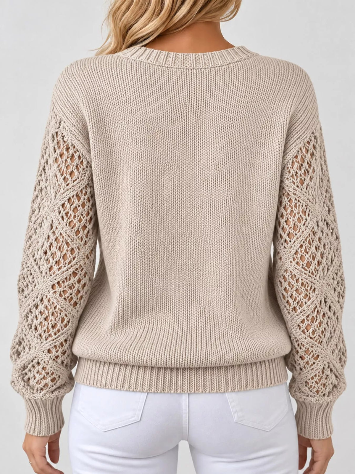 Full Size V-Neck Hollow-Out Long Sleeve Sweater Plus Size - Bitsy Gypsy Boutique