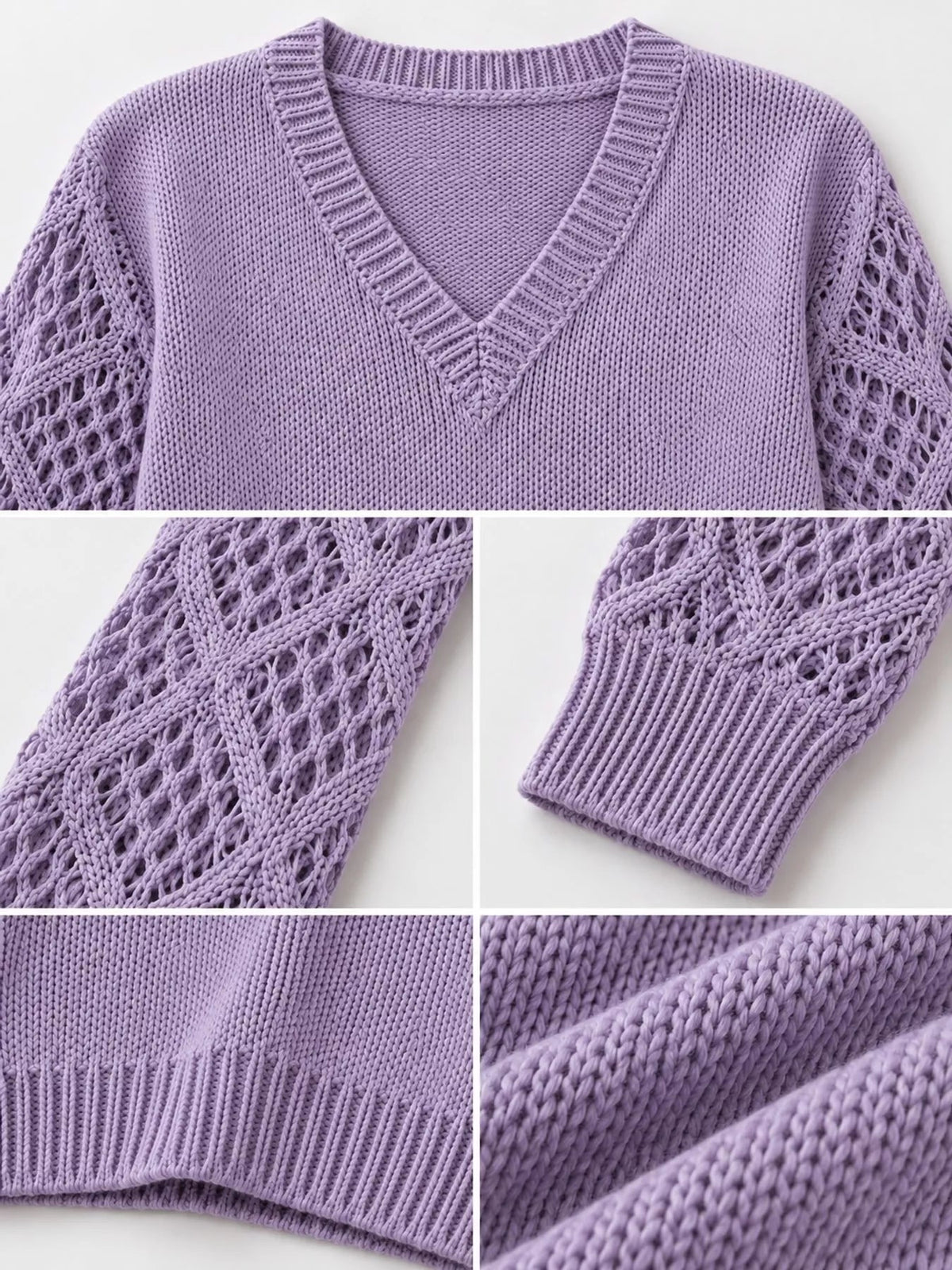 Full Size V-Neck Hollow-Out Long Sleeve Sweater Plus Size - Bitsy Gypsy Boutique