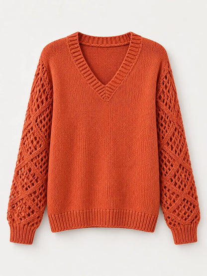 Full Size V-Neck Hollow-Out Long Sleeve Sweater Plus Size - Bitsy Gypsy Boutique
