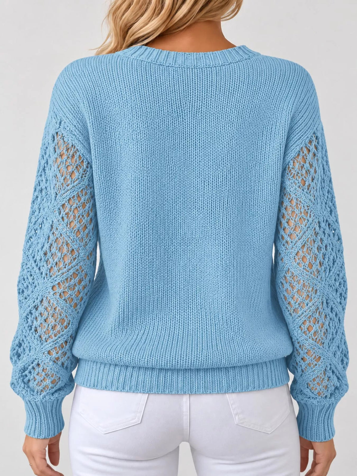 Full Size V-Neck Hollow-Out Long Sleeve Sweater Plus Size - Bitsy Gypsy Boutique