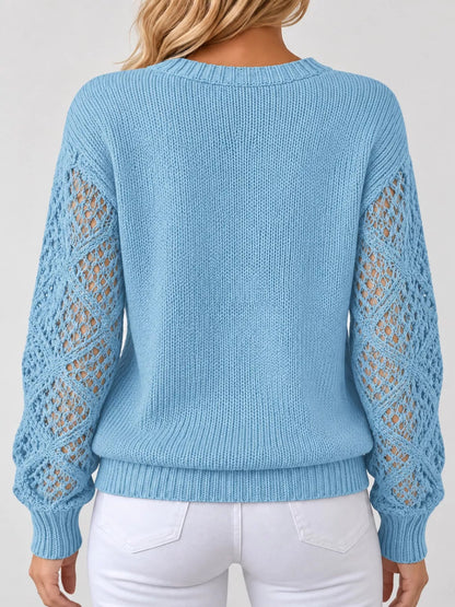 Full Size V-Neck Hollow-Out Long Sleeve Sweater Plus Size - Bitsy Gypsy Boutique