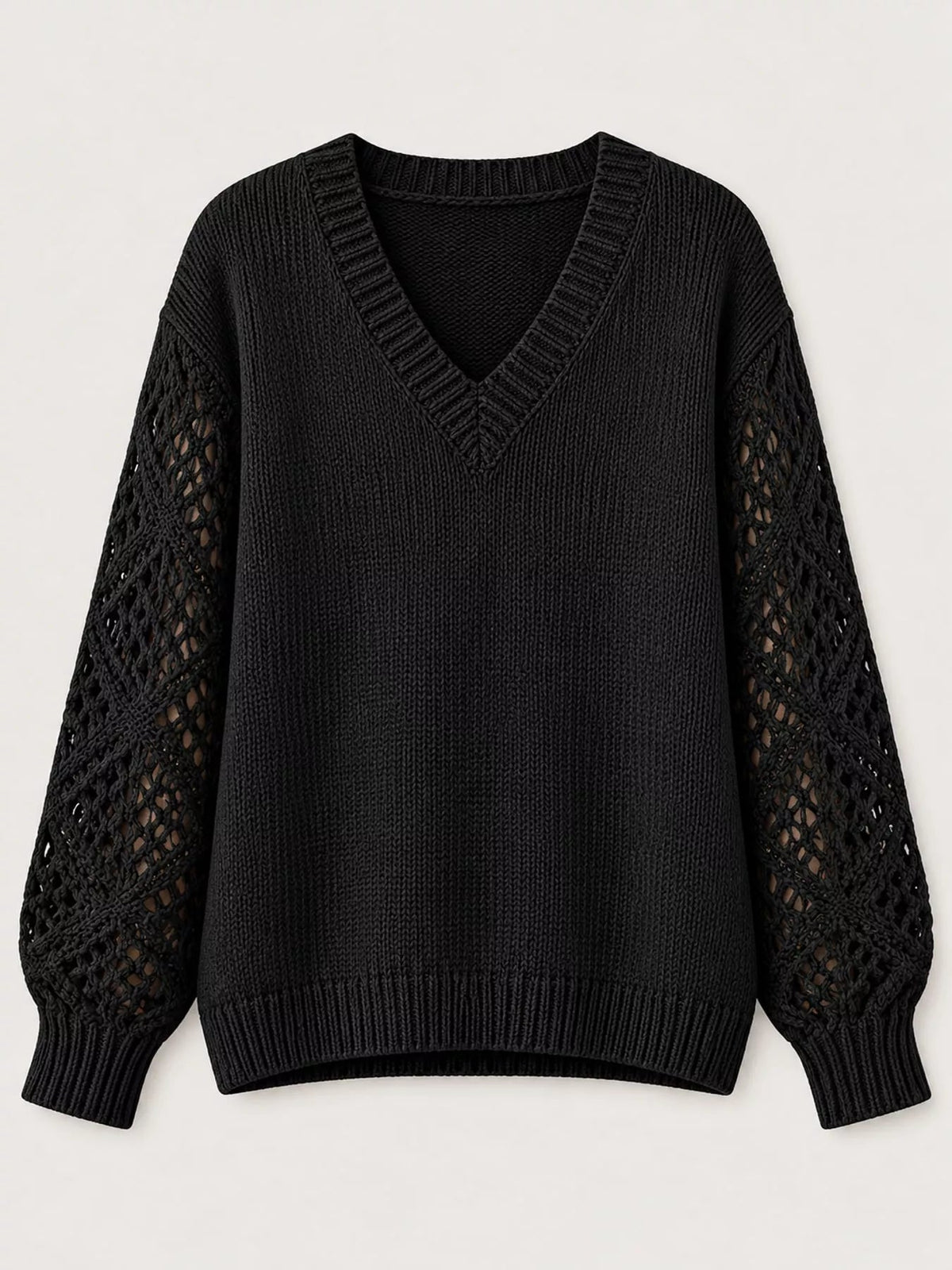 Full Size V-Neck Hollow-Out Long Sleeve Sweater Plus Size - Bitsy Gypsy Boutique