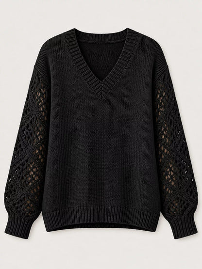 Full Size V-Neck Hollow-Out Long Sleeve Sweater Plus Size - Bitsy Gypsy Boutique