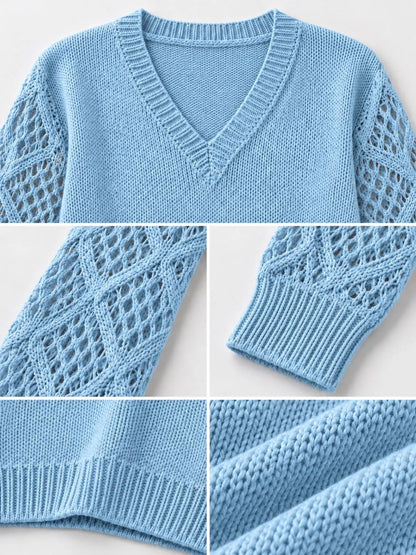 Full Size V-Neck Hollow-Out Long Sleeve Sweater Plus Size - Bitsy Gypsy Boutique