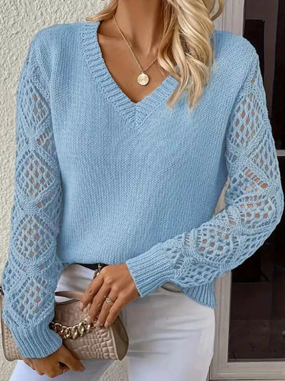 Full Size V-Neck Hollow-Out Long Sleeve Sweater Plus Size - Bitsy Gypsy Boutique