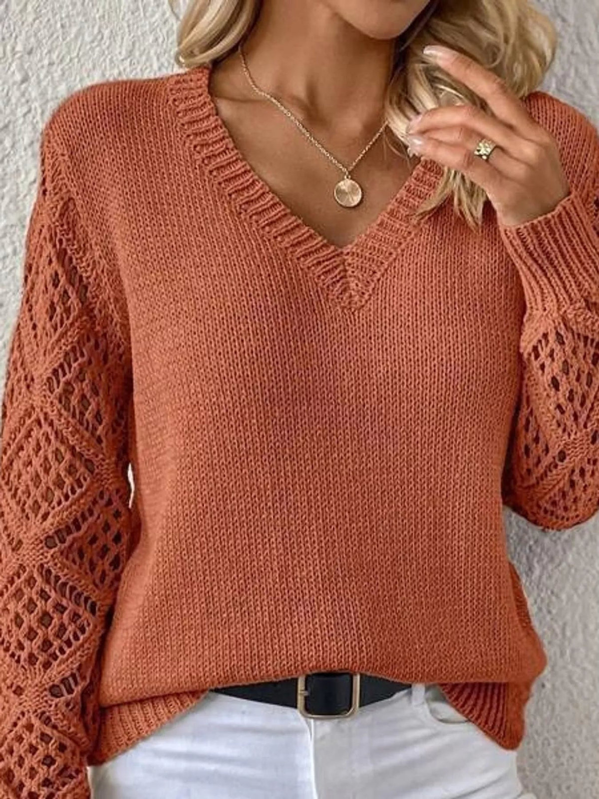 Full Size V-Neck Hollow-Out Long Sleeve Sweater Plus Size - Bitsy Gypsy Boutique