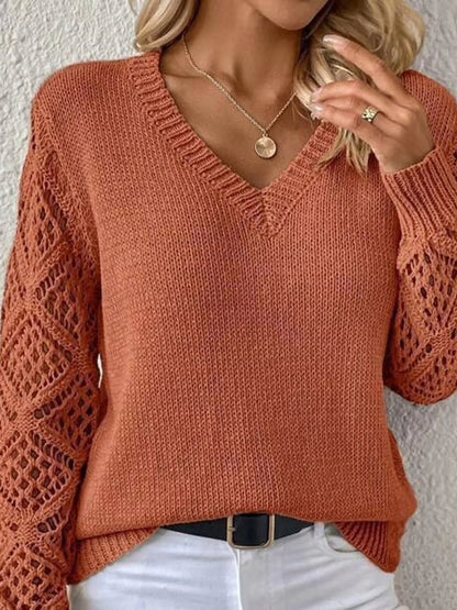 Full Size V-Neck Hollow-Out Long Sleeve Sweater Plus Size - Bitsy Gypsy Boutique