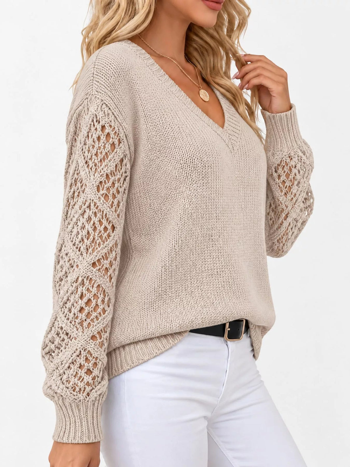 Full Size V-Neck Hollow-Out Long Sleeve Sweater Plus Size - Bitsy Gypsy Boutique