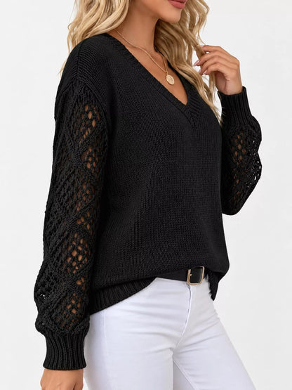 Full Size V-Neck Hollow-Out Long Sleeve Sweater Plus Size - Bitsy Gypsy Boutique