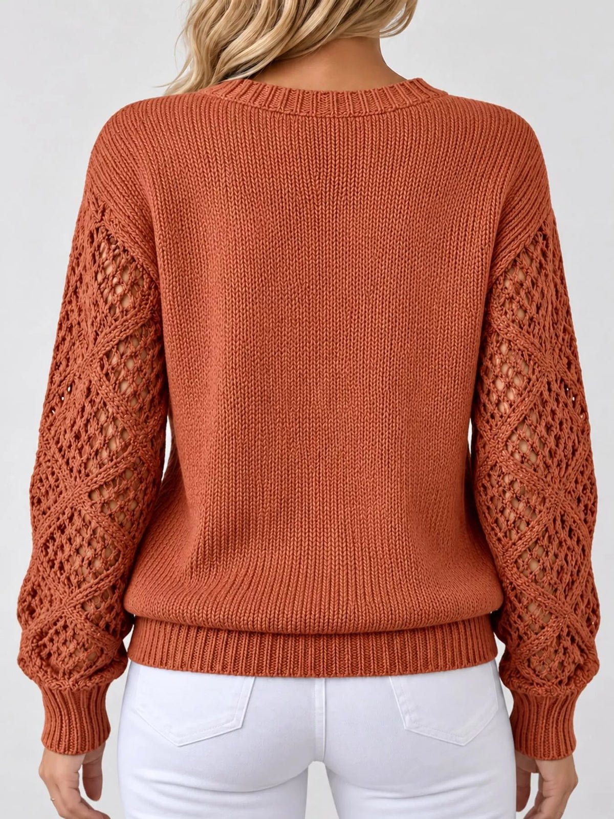 Full Size V-Neck Hollow-Out Long Sleeve Sweater Plus Size - Bitsy Gypsy Boutique