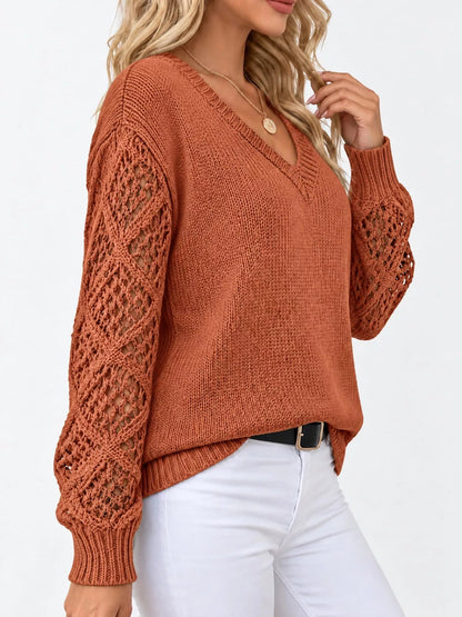 Full Size V-Neck Hollow-Out Long Sleeve Sweater Plus Size - Bitsy Gypsy Boutique