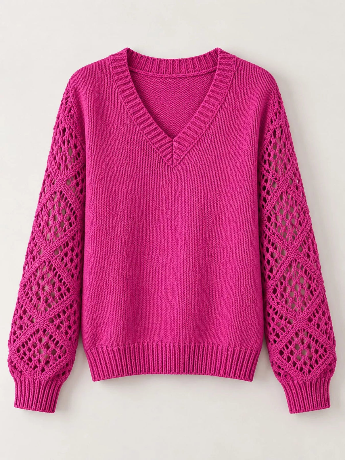 Full Size V-Neck Hollow-Out Long Sleeve Sweater Plus Size - Bitsy Gypsy Boutique